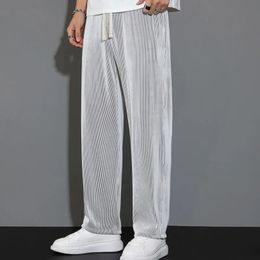 Summer Sagging Ice Silk Loose Wide Leg Pants Mens Solid Thin Elastic Waist Drawstring Straight Quick Drying Casual Trousers 240428