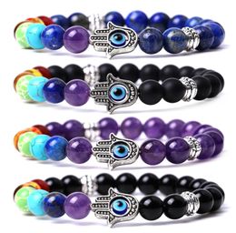 Natural Chakra Stones Beaded Strands Fatima Evil Charm Bracelets Fashion Black Lava Tiger Eye Turquoise Amethyst Agate Quartz Bang4827384