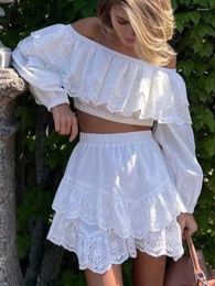 Party Dresses Boho Inspired Off The Shoulder Embroidered Dress Women Tiered Ruffled Summer Long Sleeve Mini Sexy Beach