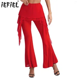 Stage Wear Womens Latin Dance Pants Performance Pantskirt Drawstring Mesh Skirted Flared Bell-Bottomed Trousers Sport Dancewear