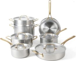 Cookware Sets Vintage 18/8 Triply Stainless Steel 12 Piece Set W/Gold Handles 25.83 X 15.75 11.26 Inches