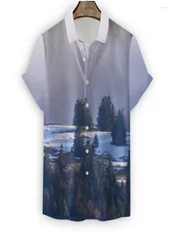 Men's Casual Shirts Summer Shirt Mountain Ink Painting Scenery Pattern Short Lapel Button Size 4XL For