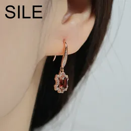 Dangle Earrings SILE Rose Gold Plated Hexagon 925 Sterling Silver Drop For Women Luxury Natural Garnet Zircon Inlay Flower Earring Gift