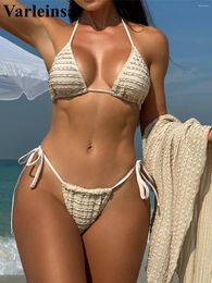 Women's Swimwear With Sarong Halter Wrinkled Strappy Bikini Women Female Swimsuit Three-pieces Set Bather Bathing Suit Swim V5363