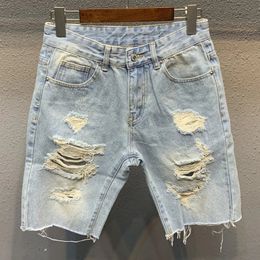 Summer Mens Ripped Denim Shorts Light Blue Knee Length Jeans Fashion Trend Raw Hem Beggar Pants Short Breeches 240426