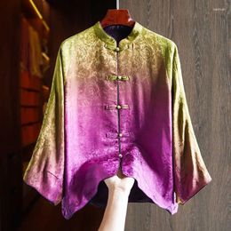 Women's Jackets Purple High-End Chinese Style Stand Collar Silk Shirt Retro Jacquard Gradient Loose Single Breasted Top M-XXL