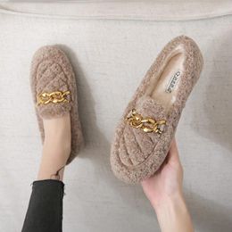 Casual Shoes 34-43 Plus Size Lambswool Moccasins Woman Fleeces Flats Fur Loafers Warm Plush Sneakers Metal Chain Winter Women 2024