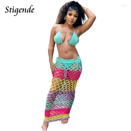 Work Dresses Stigende Sexy Three Piece Bikini Set With Cover Up Women Knitted Fishnet Mesh Beach Skirt