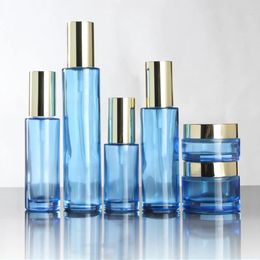 Storage Bottles High Quality 40ml Blue Glass Spray Bottle For Perfume Empty Lotion/serum Container With Gold Lid