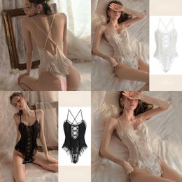 set WOMAN Ailair's sexy New Ice Silk Pure Desire and Fun Sleepwear with Water Dissolved Flower Embroidery and Hidden Buckle No Take Off Jumpsuit