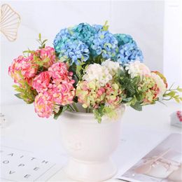 Decorative Flowers 5 Head Hydrangea Artificial Bouquet Colors Small Silk Fake Floral Faux Blue DIY Party Wedding Home Decor