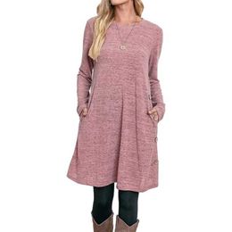 Basic Casual Dresses Fashion Side Pocket Single-breasted Splicing Women Dress Elegant Knitted Coloured Cotton O Neck Dresses Female Daily Casual Gown Y240429