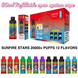 2024 Newest Sunfire Open System DTL 20000 puff Disposable Vape Pen Shisha E cigarette 0mg 10mg 20mg 50mg 12 Fruit Flavours 12-30ml refillable 600mah Rechagrable Vape