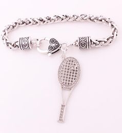 Silver Colour Sporty Style Tennis Racket Ball Charm Pendant With Sparkling Crystals Wheat Leather Bracelet Jewelry7397072