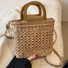 Evening Bags Small Straw Wooden Handle For Women 2024 Summer Crossbody Lady Travel Purses And Handbags Female Shoulder Simple Bag