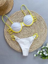 Women's Swimwear Sexy Yellow White Contrast Bikinis Sets 2024 Women Pleate Push Up Underwire Micro Swimsuit Beach Bathing Suit Thong