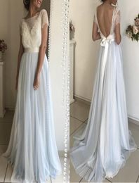 Mixed Color Dusty Blue White Prom Dresses Bateau Neck Short Sleeves Lace Tulle Backless Evening Gowns Floor Length Formal Dresses8513051