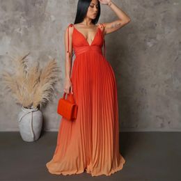 Casual Dresses Women Gradient Colour Tie Up Stap Sleeveless Pleated Backless V-neck Maxi Dress 2024 Fashion Street Vestidos Sexy