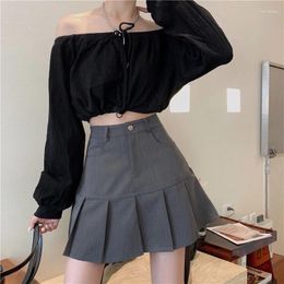 Skirts Deeptown Korean Preppy Pleated Women Mini Skirt Grey Casual High Waist Black A-Line Solid Cute College Style Short