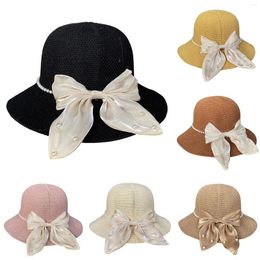 Wide Brim Hats Beach Vacation Bucket Women Strappy Bowknot Pearl Decoration Beading Korean Panama Caps Sun Protection Outdoor Basin