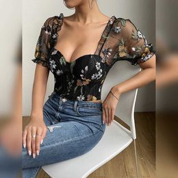 Women's Blouses Shirts Vemina INS Street Style floral embroidered puff sleeves sexy lace crop top hollow ultra-thin backless square neckline mesh womens topL2405