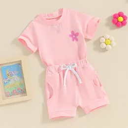 Clothing Sets Toddler Girl Summer Outfit Flower Embroidered Crew Neck Short Sleeve T-Shirts Tops And Shorts 2Pcs Clothes Set