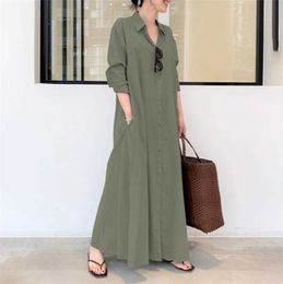 Basic Casual Dresses Casual Loose Button Cardigan Shirt Dress Women Simple Cotton Linen Solid Lapel Long Slve Robe Elegant Ladies Pocket Dresses 22 Y240429