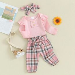 Clothing Sets Baby Girls Fall Outfits Solid Colour Crew Neck Buttons Long Sleeve Rompers Plaid Pants Headband 3Pcs Clothes