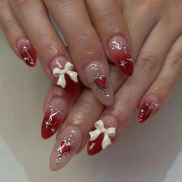 Simple Stiletto French Fake Nails for Valentines Day Almond Sweet False with Glue Full Cover Artificial Press On 240430