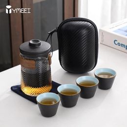 YMEEI Ceramic Travel Kung Fu Teaset Teaware Bag One Teapot Four Teacup Porcelain Glass Tea Pot With Cup Set Business Gift 240428