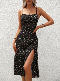 2024 Women Floral Print Spaghetti Straps Summer Boho Beach Dress Elegant Suspenders Square Neck Slit Vestidos 240418