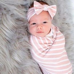 Blankets Baby Swaddle Wrap Infant Pink Striped Print Blanket With Bowknot Headbands Set Accessories Born Girls Sleeping