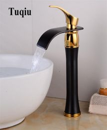 Basin Faucet Single Handle Black Gold Brass Waterfall Basin Mixer Tap Cold Bathroom Faucets Sink Waterfall Faucet Drain9347717