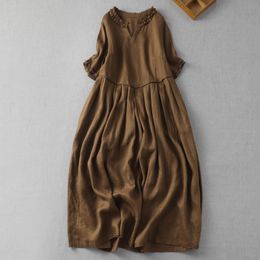 Cotton And Linen Spring Summer Retro Yarn Dyed Loose Wooden Ear Collar Dress For Women