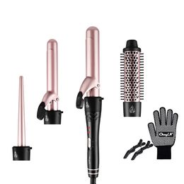 CkeyiN 4 in 1 Hair Curler Interchangeable Ceramic Barrels Fast Heating Curling Iron Temperature Adjustment Styling Tool 240423