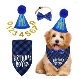 Dog Apparel Decorative Pet Birthday Set Adjustable Blue Cat Hat Bow Tie Polyester Sequins For Dogs Cats