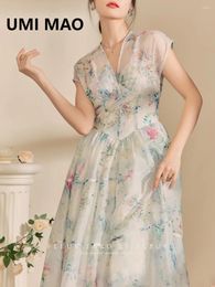 Party Dresses UMI MAO Dress For Women Spring/Summer French High End Fragmented Flower V-neck Waist Wrapped Princess Elegant Romantic