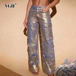 Women's Jeans VGH Solid Patchwork Pockets Cargo Pants For Women High Waist Spliced Button Streetwear Denim Trousers Female Fashion Clothing