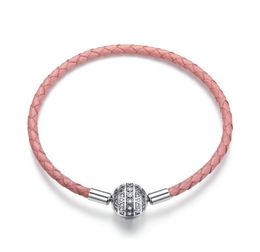 Fashion Disco Ball Snap Clasp Pink Leather European Bracelet Fit Charm Real 925 Sterling Silver2804298