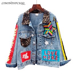 Sequins Loose Denim Jacket Girls Students High Street Party Jeans Coats Women Female Nightclub Outwear Chaqueta Mujer 240426