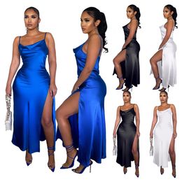 Womens Solid Colour Strap Glossy Side Slit Dress 1134