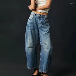 Women's Jeans Wide Leg Woman Casual Loose Y2K Low Waist Denim Pants Boyfriend Cropped Barrel Baggy With Pockets