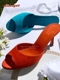 Slippers Suede Stiletto Heels Orange Peep Toe Slip On Summer Luxury Party Shoes Outside Plus Size 46 2024 Solid Sewing Sexy
