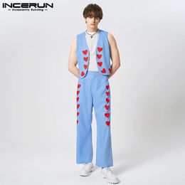 Casual Streetwear Style Sets INCERUN Mens Fashion Suit Love Printed Pattern Short Cardigan Waistcoat Pants Two-piece Sets S-5XL 240420