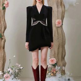 Casual Dresses Winter Designer Black Velvet Blazer Dress Women Diamonds Slim Elegant Luxury Party Mini Robe Q634