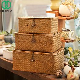 WHISM Wicker Woven Storage Basket with Lid Rattan Sundries Box Handmade Sorting Boxes Seagrass Jewellery Organiser 240415