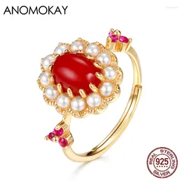 Cluster Rings Anomokay Vintage Luxury Adjustable Full Of Pearl Gold Color For Women Mom Gift Real Sterling 925 Silver Oval Flower Ring