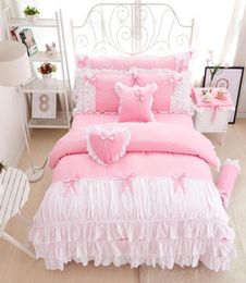 34pcs cotton pink princess bedding set lace edge solid pink and white color twin queen king bedroom set duvet cover bed skirt1590579
