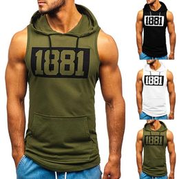 Sports Tank Tops Men Fitness Muscle Print Sleeveless Hooded Bodybuilding Pocket Tightdrying Summer Shirt For Clothing 240430