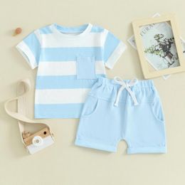 Clothing Sets Fashion Casual Toddler Boys Outfits For Summer Kids Pocket Stripe Short Sleeve T-Shirts Elastic Waist Shorts 2Pcs Clothes Set